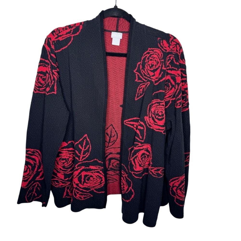 CHICO'S / black red rose printed open front knit cardigan sweater / XXL (4)